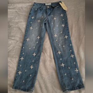 Blue Straight Leg Jeans with Unique Pattern